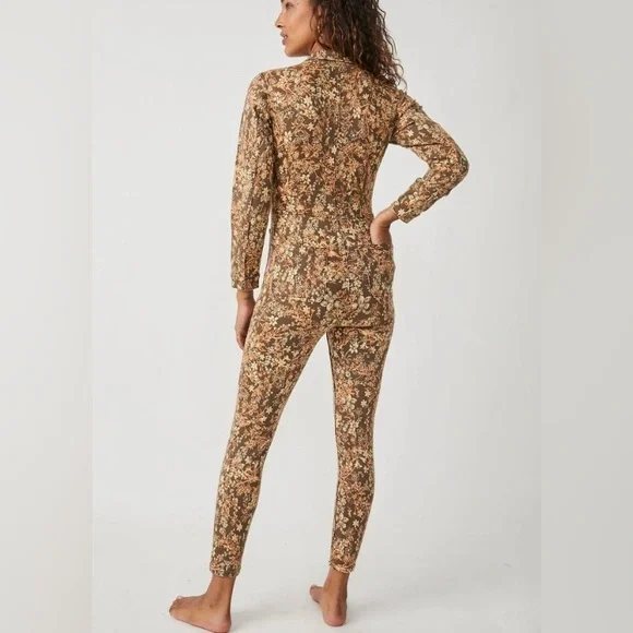NWT Free People Lennox Printed Jumpsuit Cappuccino Combo Size Small